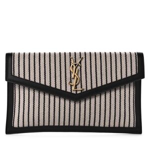 Yves Saint Laurent Uptown Canvas Striped Clutch Cream Black YSL Gold Hardware